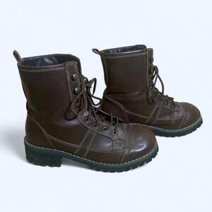 Route 66 Vibram Y2K 90s Chunky Brown Faux Leather Mid Calf Combat Boots
